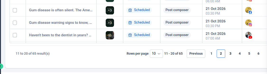 Scheduled posts list with dates and times