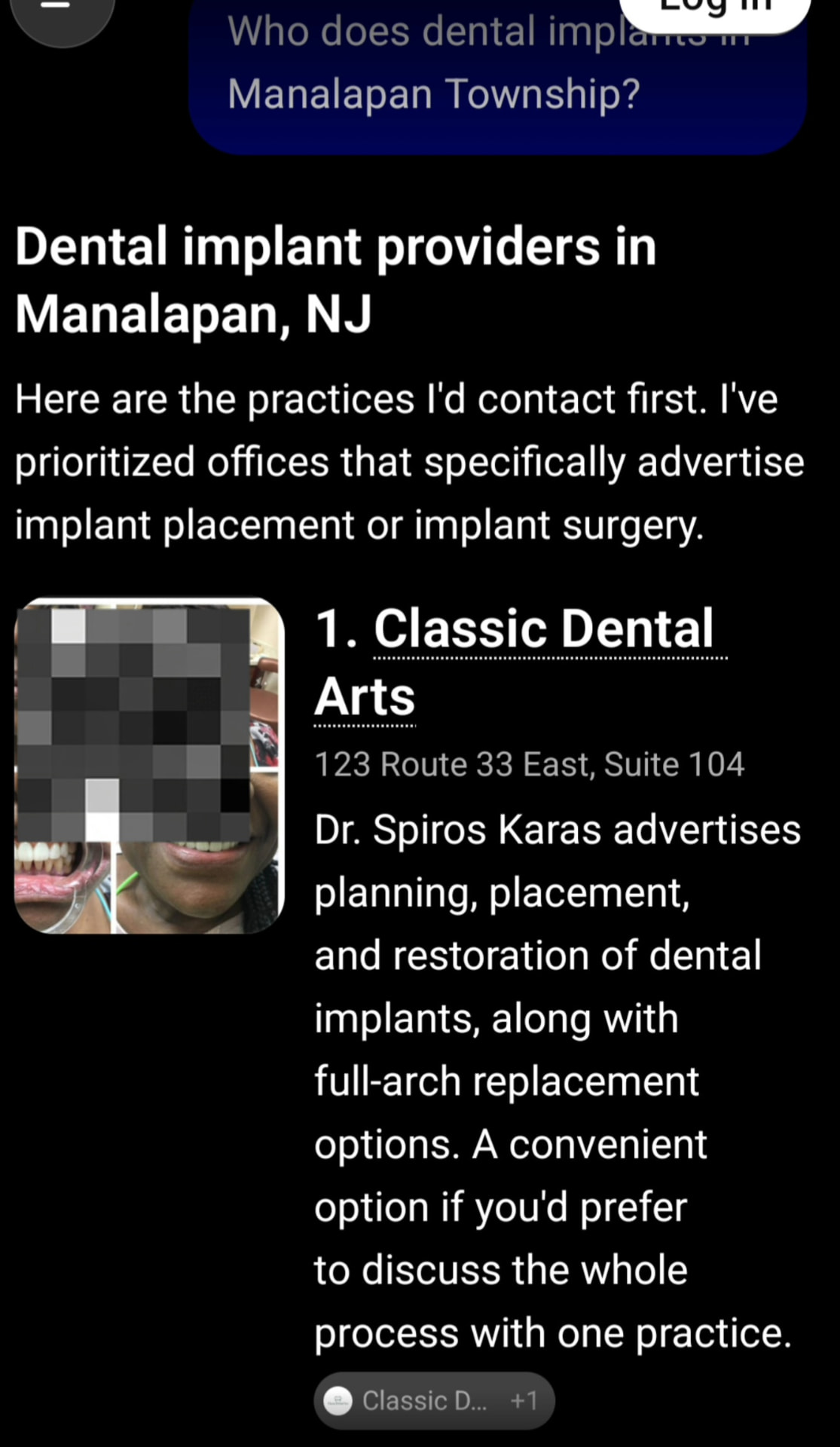 ChatGPT answer to the question 'Who does dental implants in Manalapan Township?' listing Classic Dental Arts first