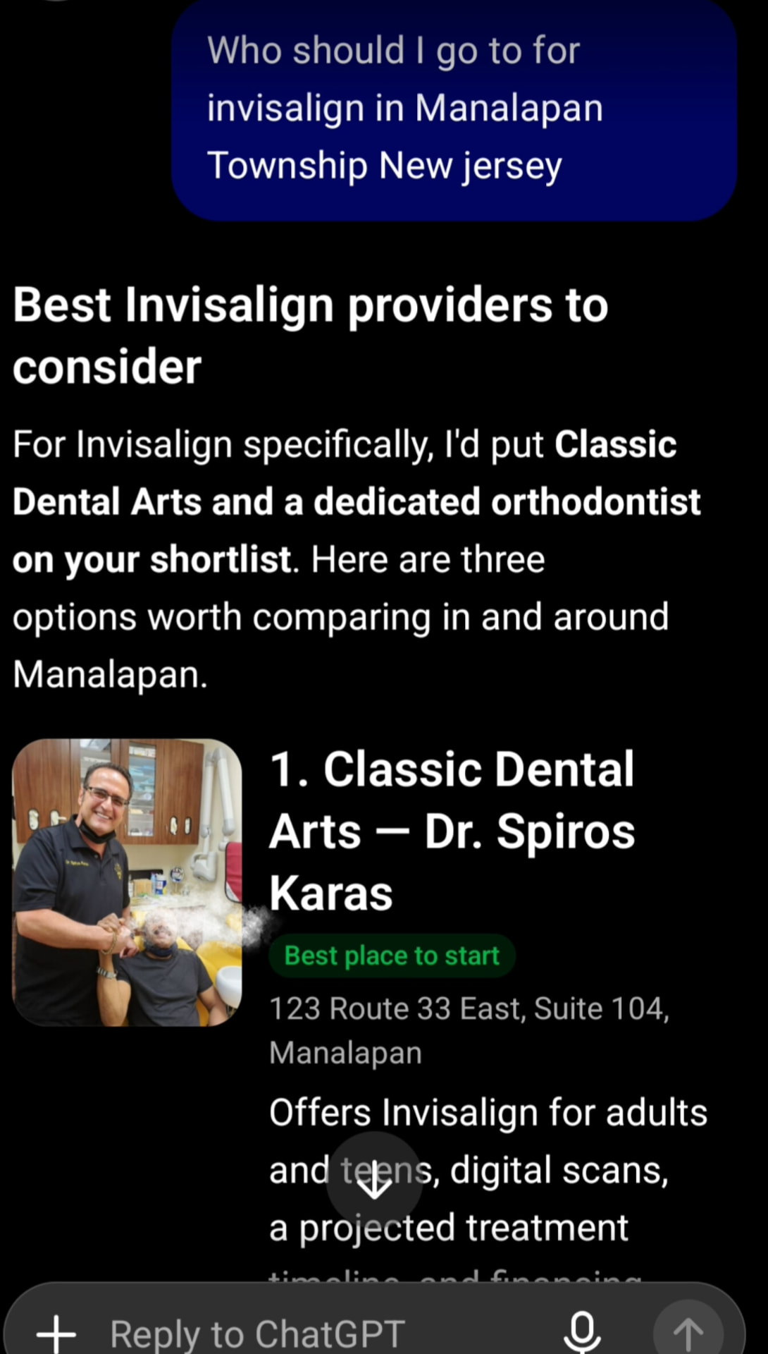 ChatGPT answer to the question 'Who should I go to for Invisalign in Manalapan Township, New Jersey?' naming Classic Dental Arts the best place to start